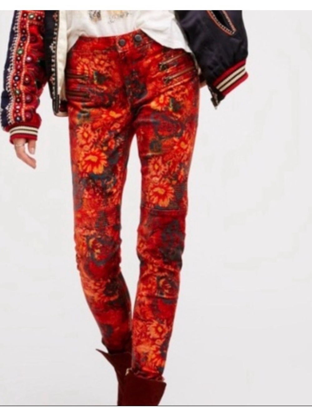 Free People Velvet Red Floral Print Skinny Jeans SZ 12